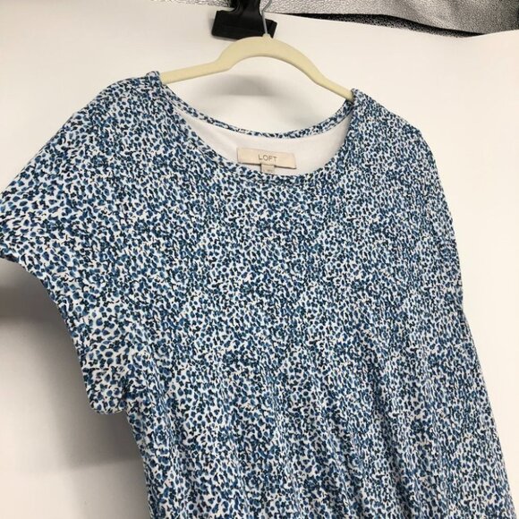 LOFT Light blue white dotted side gather short sleeve rayon midi sheath dress L - Picture 7 of 14